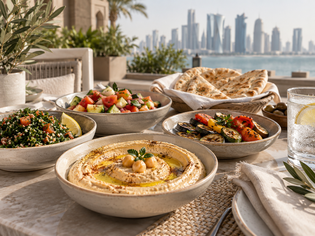 Balanced Lebanese lunch on a terrace in Doha