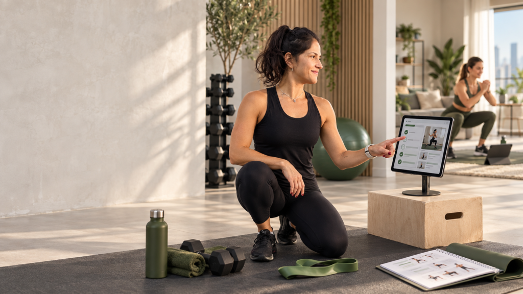 Woman following an online strength training programme