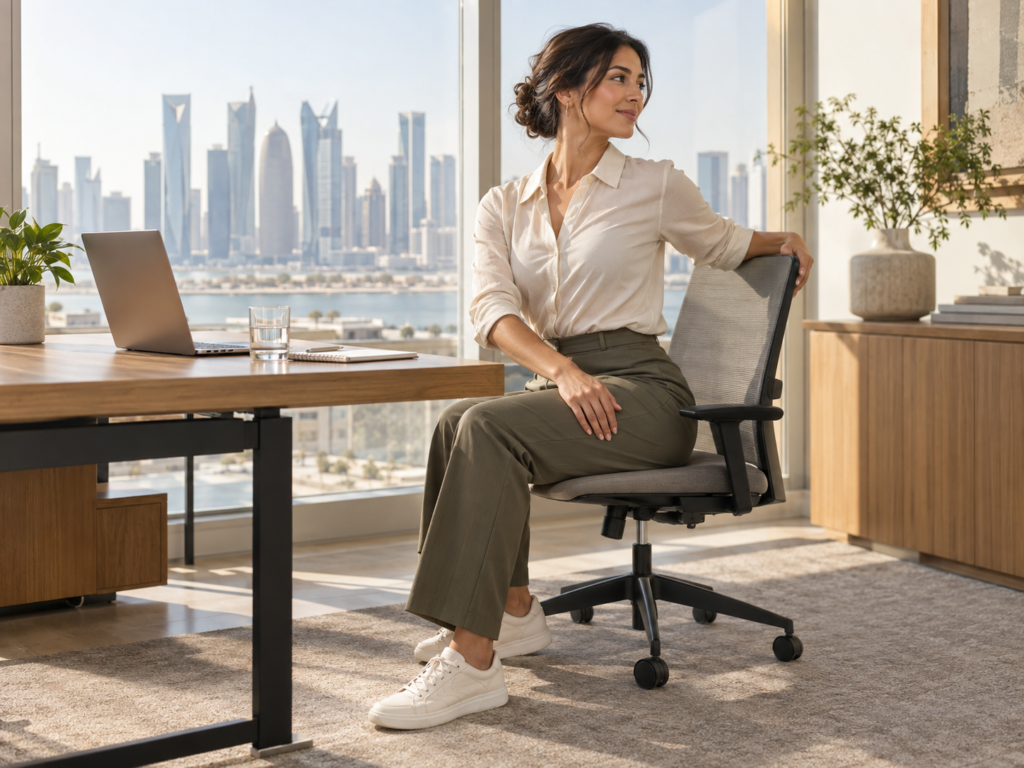 Seated thoracic rotation mobility exercise at work
