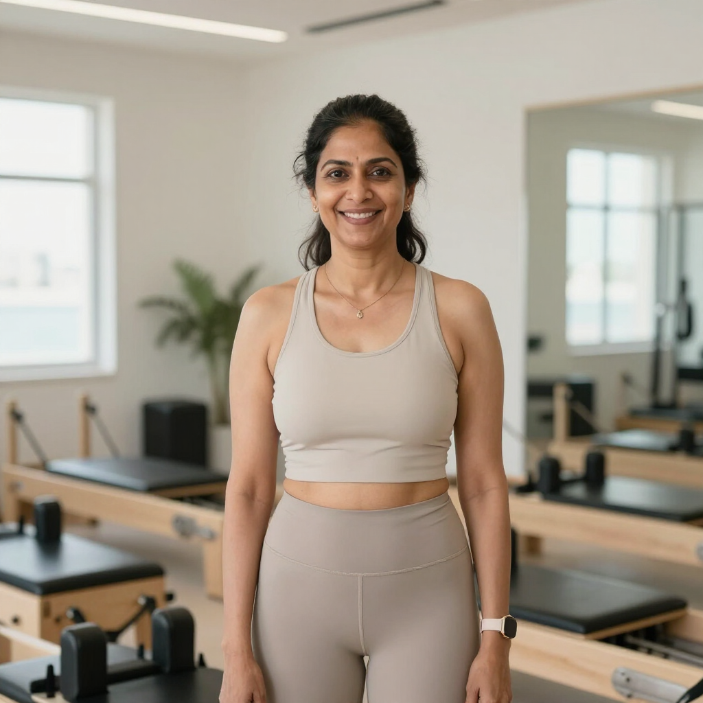 Smiling female client wearing neutral activewear in a Pilates studio