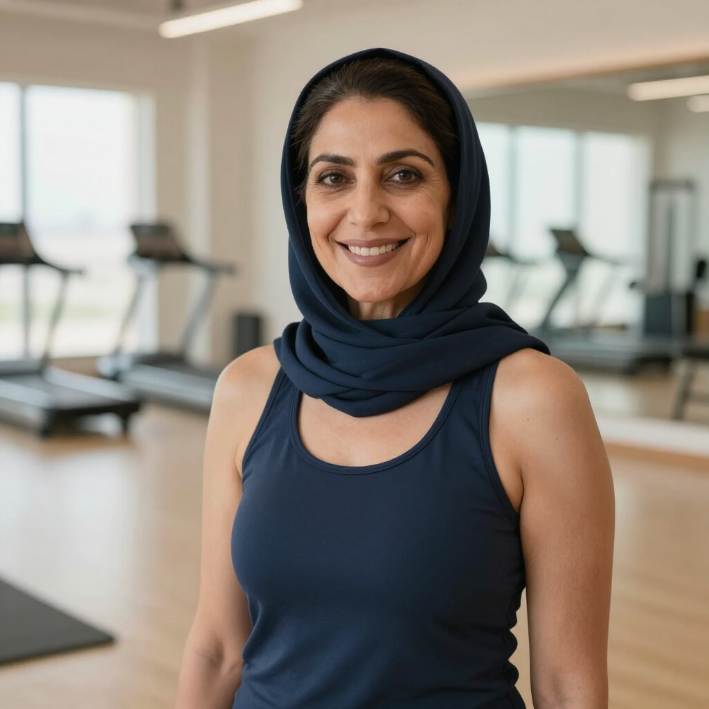 Smiling female client wearing a navy sports outfit and headscarf in a gym
