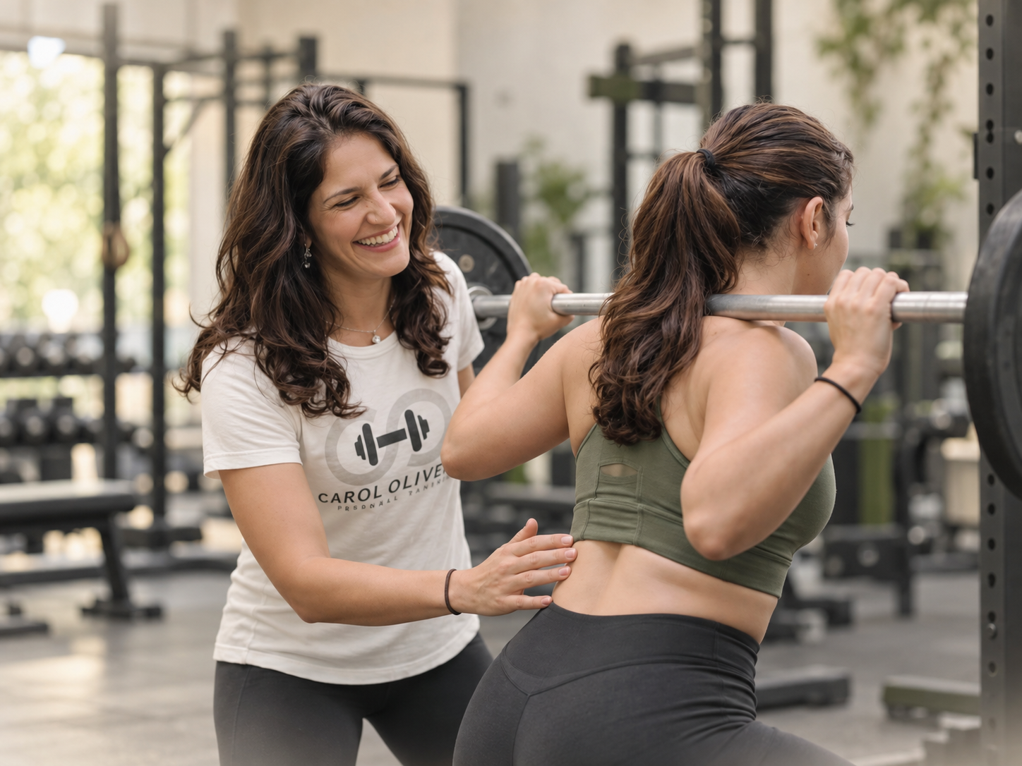 Personal trainer coaching a client in an olive-green gym setting